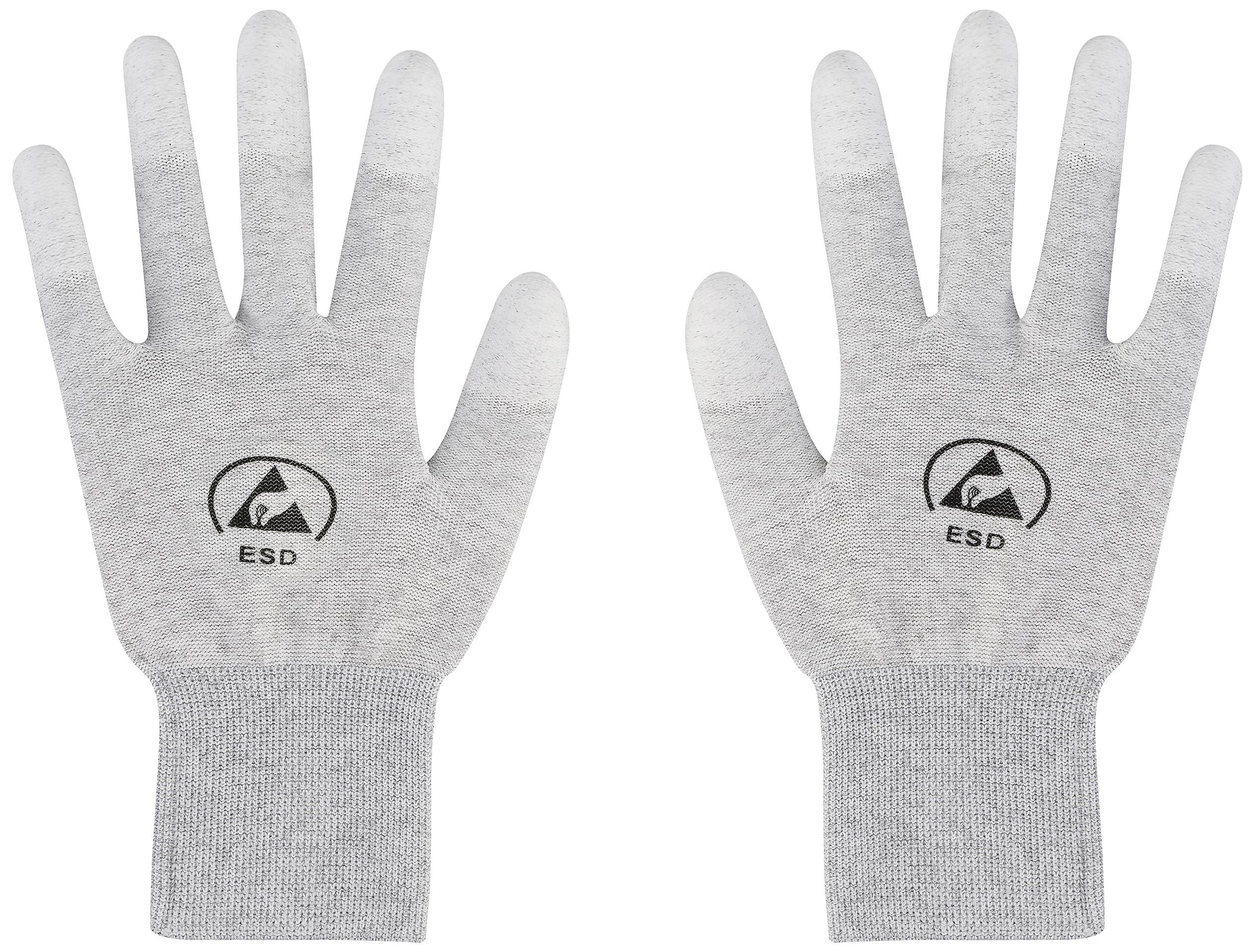 Zwei graue ESD-Handschuhe mit Logo, ausgelegt zum Schutz vor elektrostatischer Entladung.
