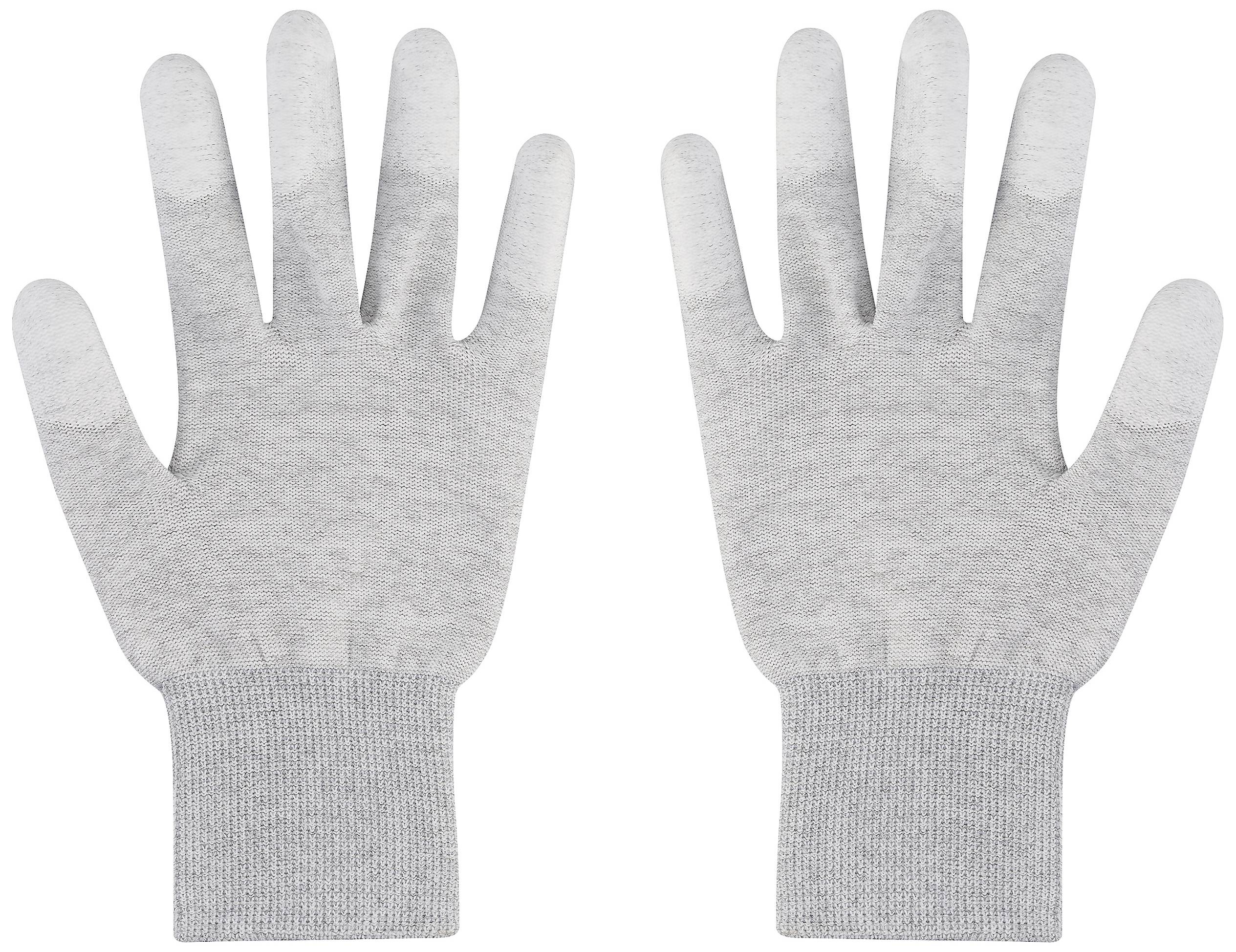Ein Paar graue Handschuhe mit leitfähigen Fingerspitzen, geeignet für die Bedienung von Touchscreens.