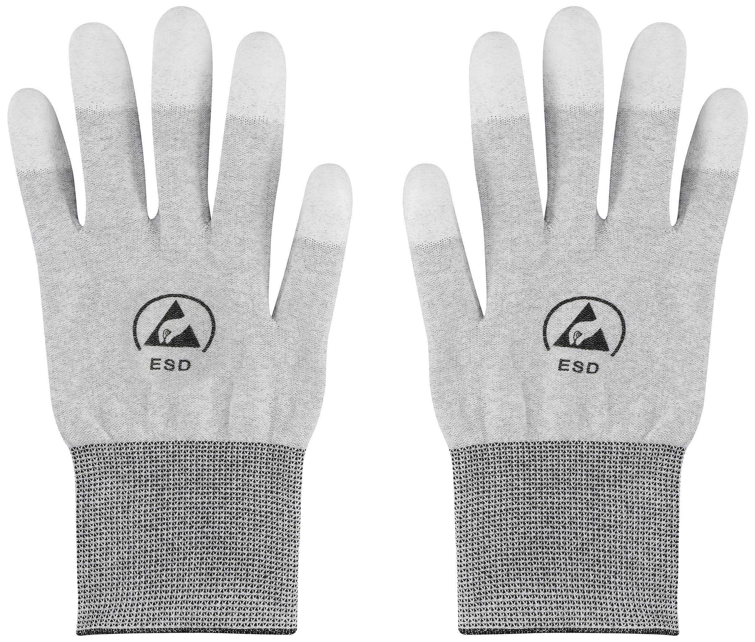 Zwei graue ESD-Handschuhe mit Anti-Statik-Symbol und Aufschrift 'ESD' auf den Handrücken, geeignet für elektrostatische Umgebungen.