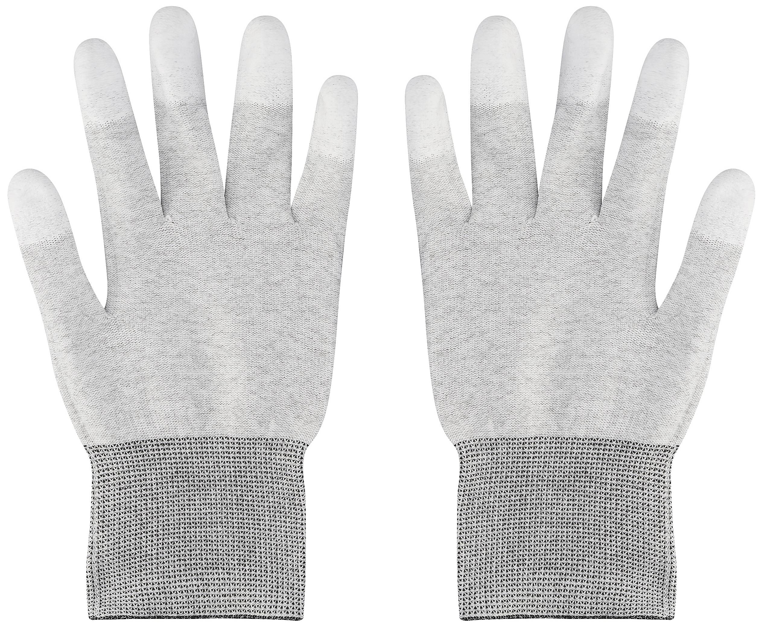 Zwei graue Arbeitshandschuhe mit weißen Fingerspitzen, flach nebeneinander liegend. Sie scheinen für Schutz oder leichte Montagearbeiten geeignet zu sein.