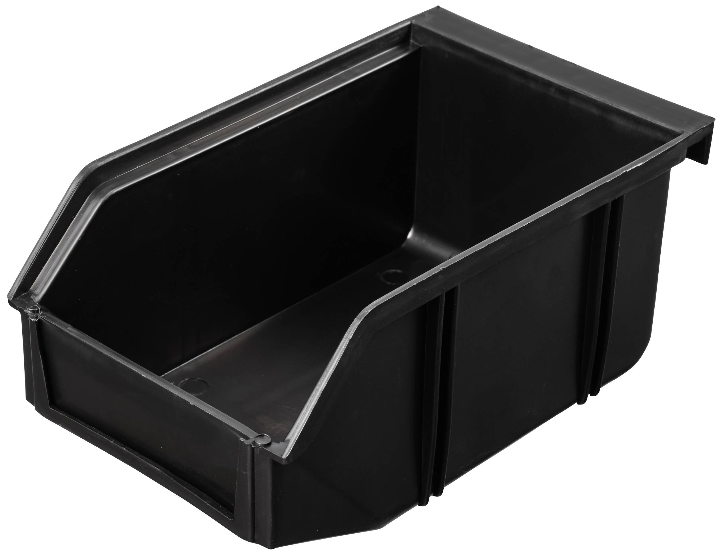 Schwarze Kunststoff-Aufbewahrungsbox mit offenen Seiten zum einfachen Zugriff, ideal für Werkstatt- oder Lagerregale.