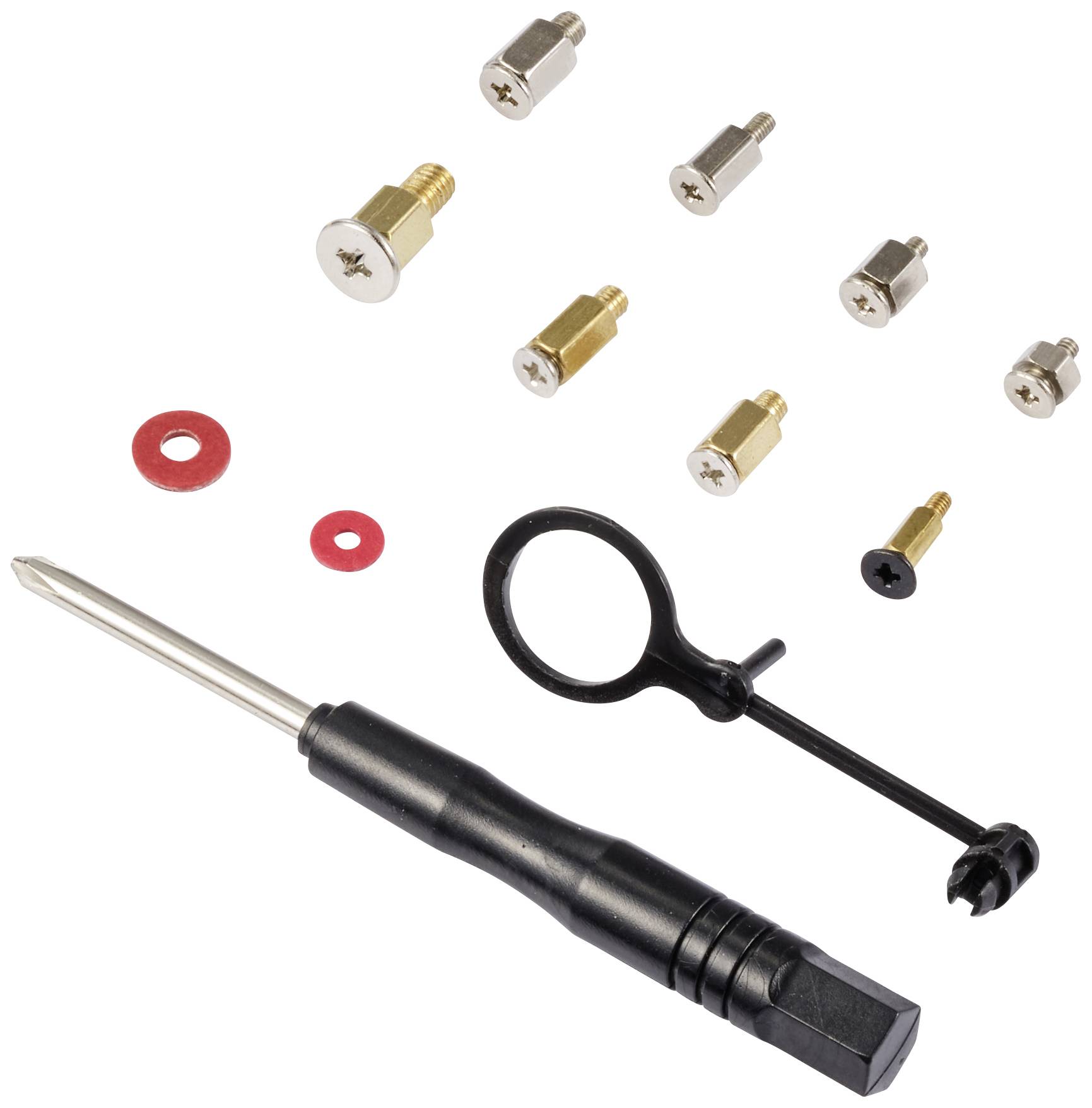 Ein Werkzeugsatz enthält einen Schraubendreher, mehrere Düsen in verschiedenen Größen, Unterlegscheiben und einen schwarzen Ring.