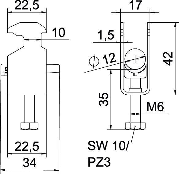 Technische Zeichnung einer Klammer mit Maßen in Millimetern, inkl. Seitenansicht und Draufsicht. Hauptmerkmale: Schraube (M6), Breite 22,5 mm.