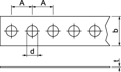 Technische Zeichnung einer Metallleiste mit fünf gleichmäßig beabstandeten Löchern. Maße sind mit 'A', 'b', 'd' und 't' gekennzeichnet.