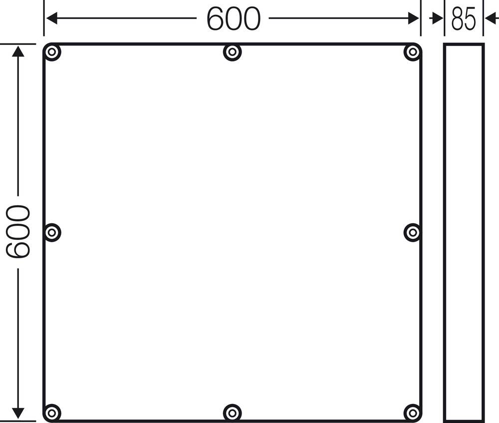 Technische Zeichnung eines quadratischen Objekts mit Maßen: 600x600 mm, Dicke 85 mm, Schrauben an den Ecken und Seiten.