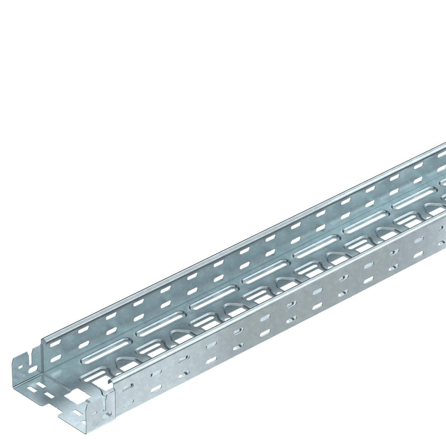 Metallschiene mit Löchern und Haken; dient zur Befestigung oder Kabelorganisation. Rechteckige Form, silberne Farbe.