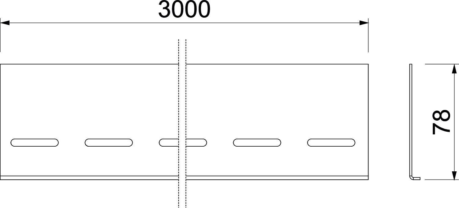 Technische Zeichnung eines rechteckigen Metallteils mit einer Länge von 3000 mm und einer Höhe von 78 mm, mit mehreren ovalen Aussparungen.