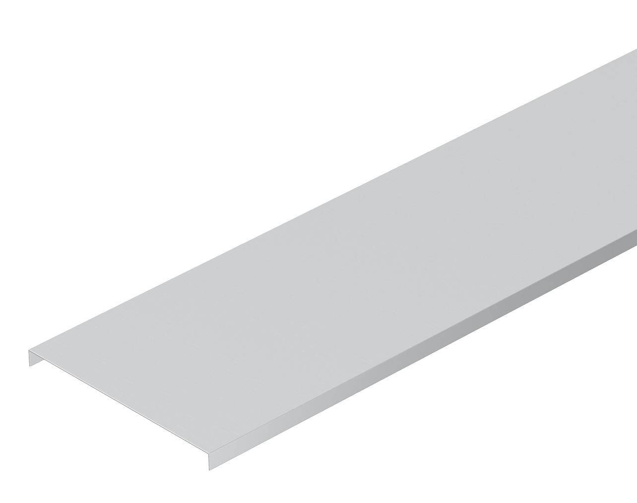 Ein rechteckiges, flaches Metallprofil. Hauptsächlich grau, mit glatter Oberfläche. Ideal für Konstruktions- oder Dekorationszwecke.