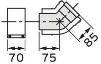 Technische Zeichnung eines Winkels mit Bemaßung: 70 und 75 Einheiten für die gerade Teile, 85 Grad Winkelmarkierung.