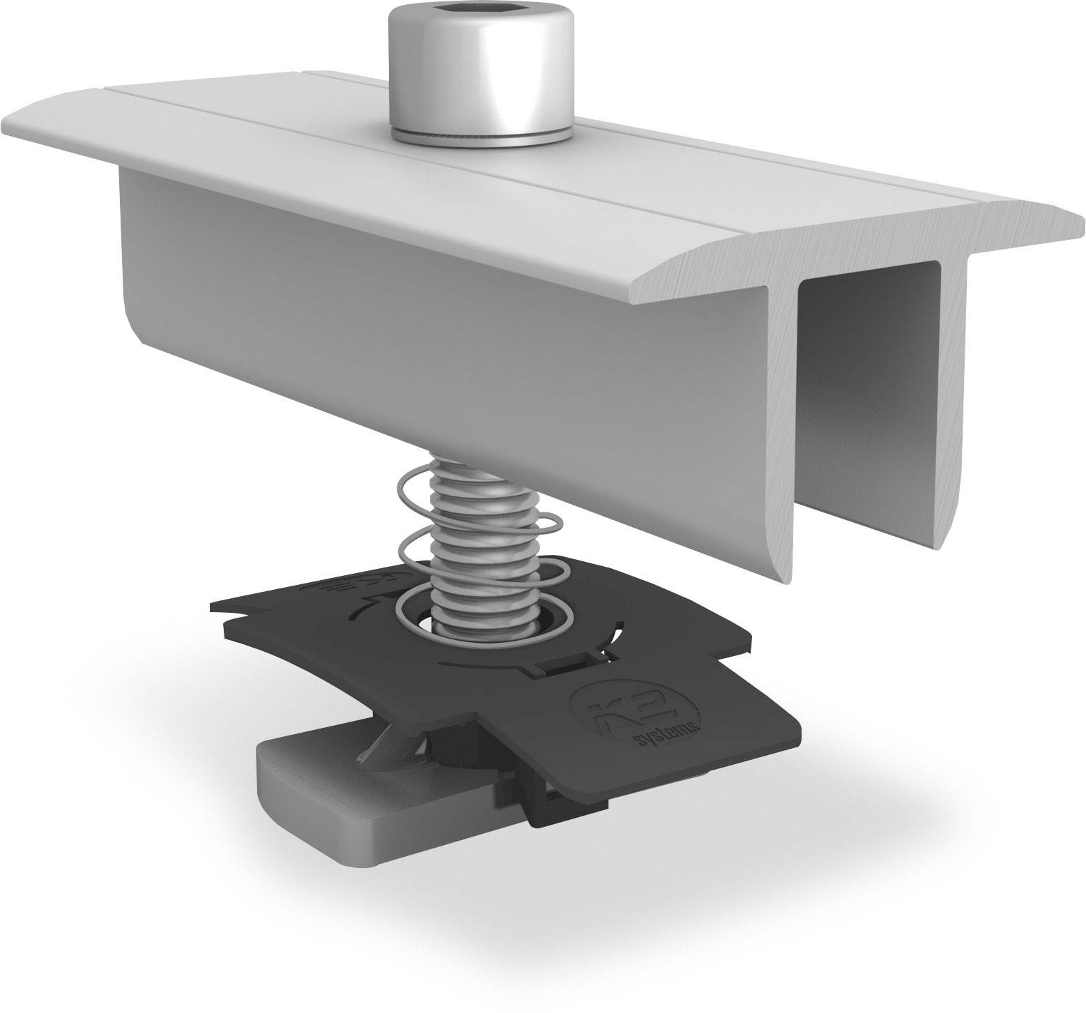 Eine graue Metallklammer mit Feder, verwendet zur Befestigung in Montagesystemen.