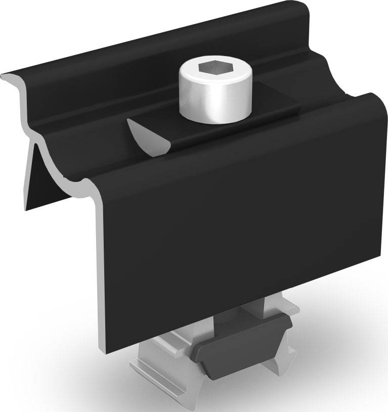 Eine schwarze Montageschelle mit silberner Schraube, zur Befestigung von Solarpanelen an Schienen.