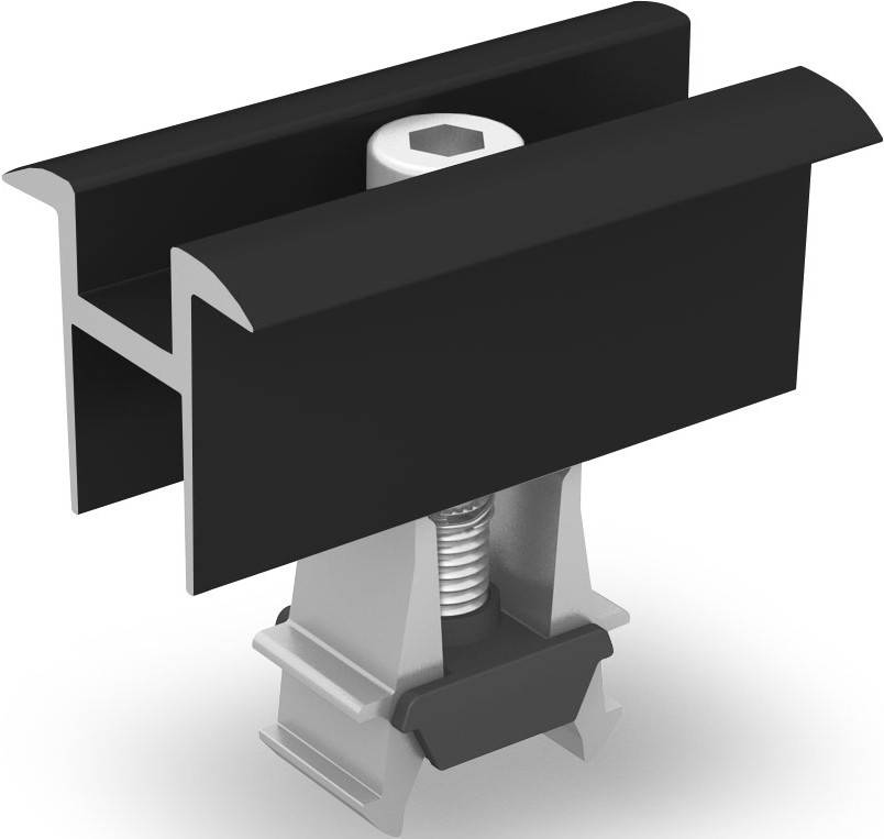 Metallisches Verbundprofil mit schwarzem Kunststoffüberzug, befestigt auf einem silbernen Sockel mit einem Schraubenmechanismus.