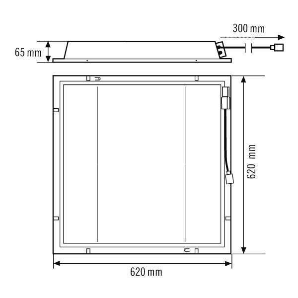 Technische Zeichnung eines quadratischen Wand- oder Deckenpaneels mit den Maßen 620 x 620 mm; Tiefe 65 mm; Kabel 300 mm.