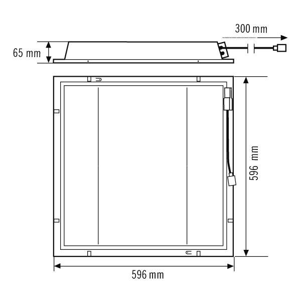 Technische Zeichnung eines quadratischen LED-Panels. Maße: 596 mm x 596 mm x 65 mm. Stromkabel auf der rechten Seite, 300 mm lang.