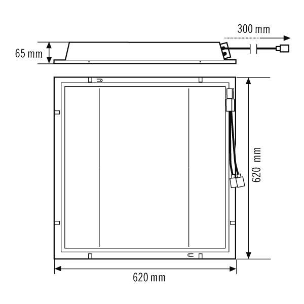 Technische Zeichnung eines quadratischen LED-Panels. Maße: 620 mm Breite und Höhe, 65 mm Dicke. Kabel-Plus-Anschluss mit 300 mm Länge.