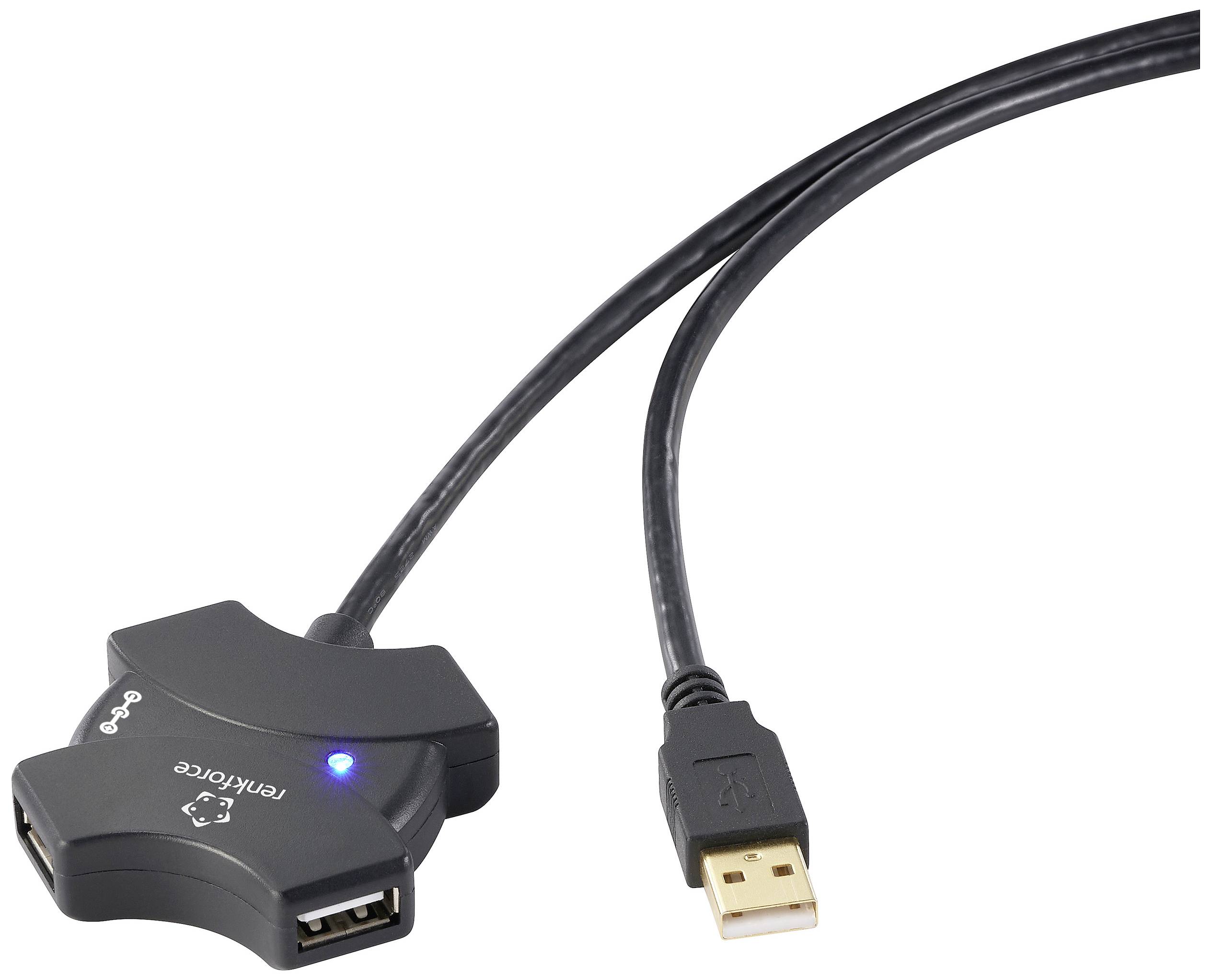 Ein USB-Kabel mit zwei Anschlüssen und einem Verteilungsmodul. Einer der Anschlüsse leuchtet blau, was auf eine aktive Verbindung hinweist.