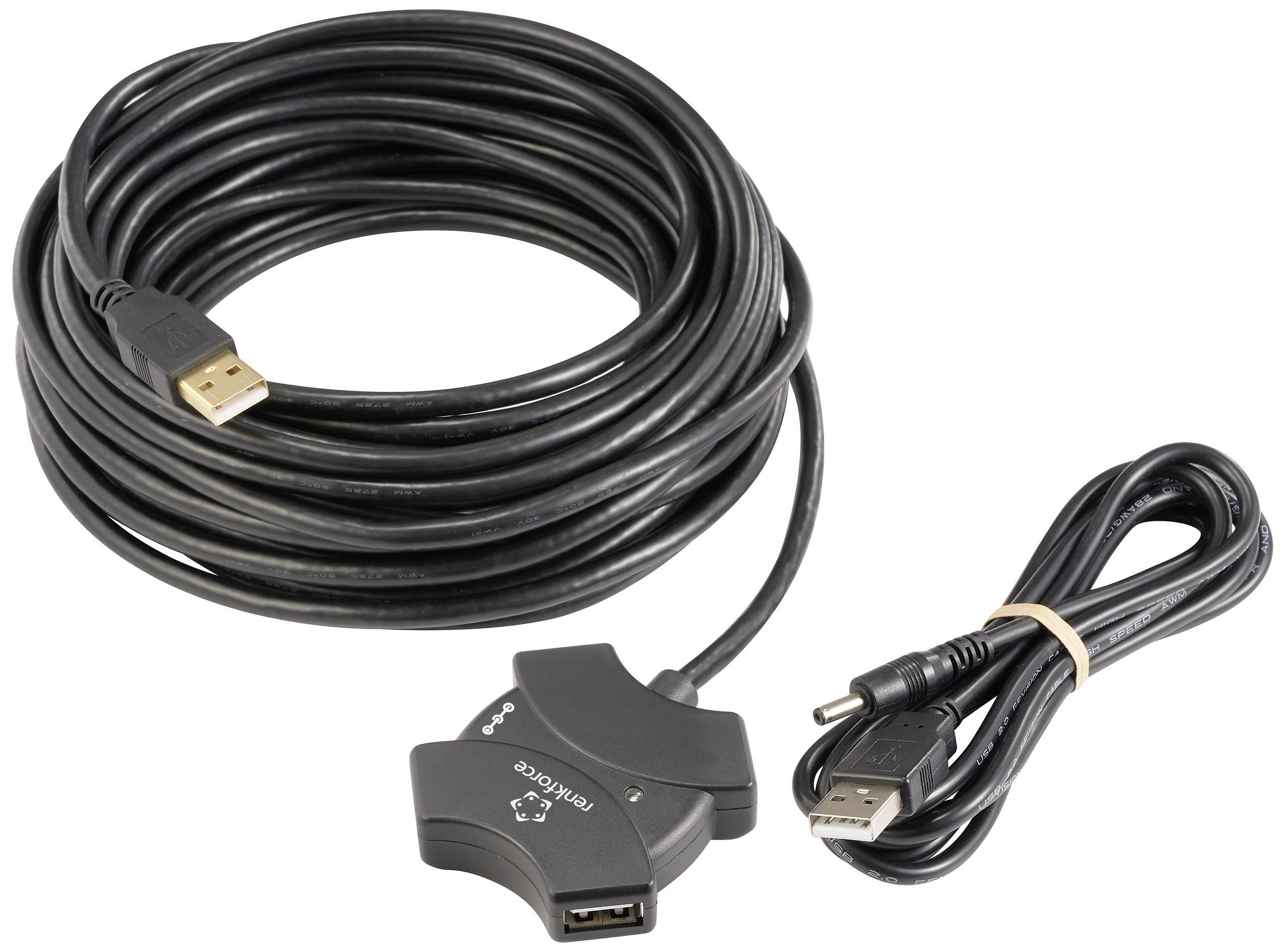 Langes USB-Verlängerungskabel mit zusätzlichem kürzerem USB-Kabel. Das lange Kabel hat einen Verstärker für Signalqualität.