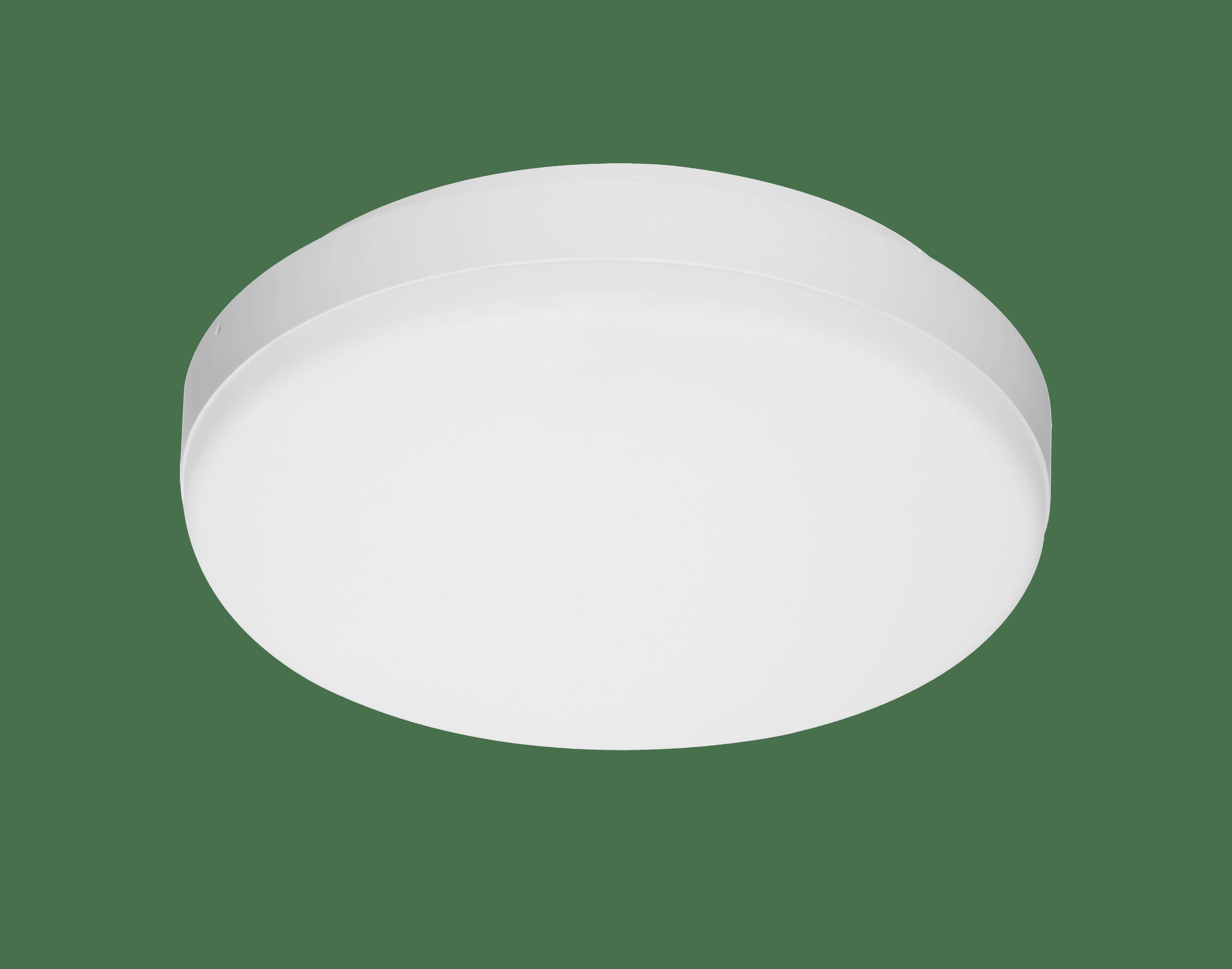 Runde, weiße Deckenlampe vor einem grünen Hintergrund.