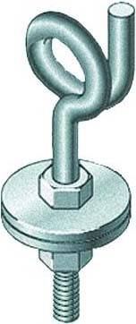 Metallisches Bauteil mit Schraubgewinde und Öse. Verwendet zur Befestigung oder Sicherung von Gegenständen, möglicherweise Bestandteil einer Halterung.