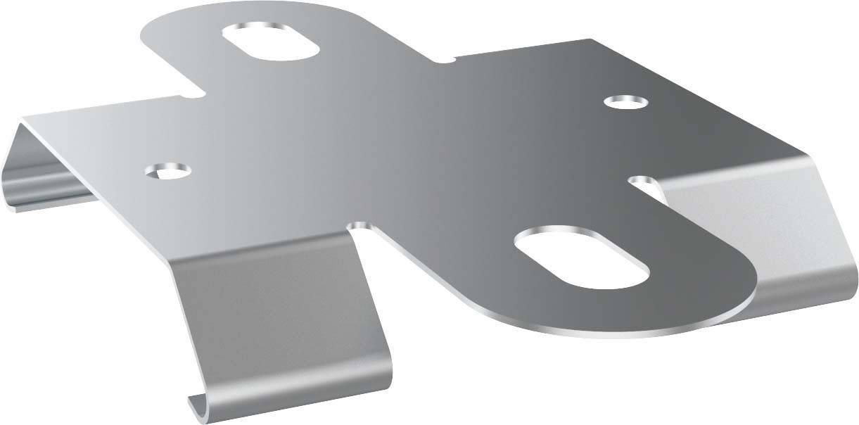 Metallhalterung in L-Form mit mehreren Bohrungen zur Befestigung. Glänzende, silberne Oberfläche. Geeignet für Montagezwecke.