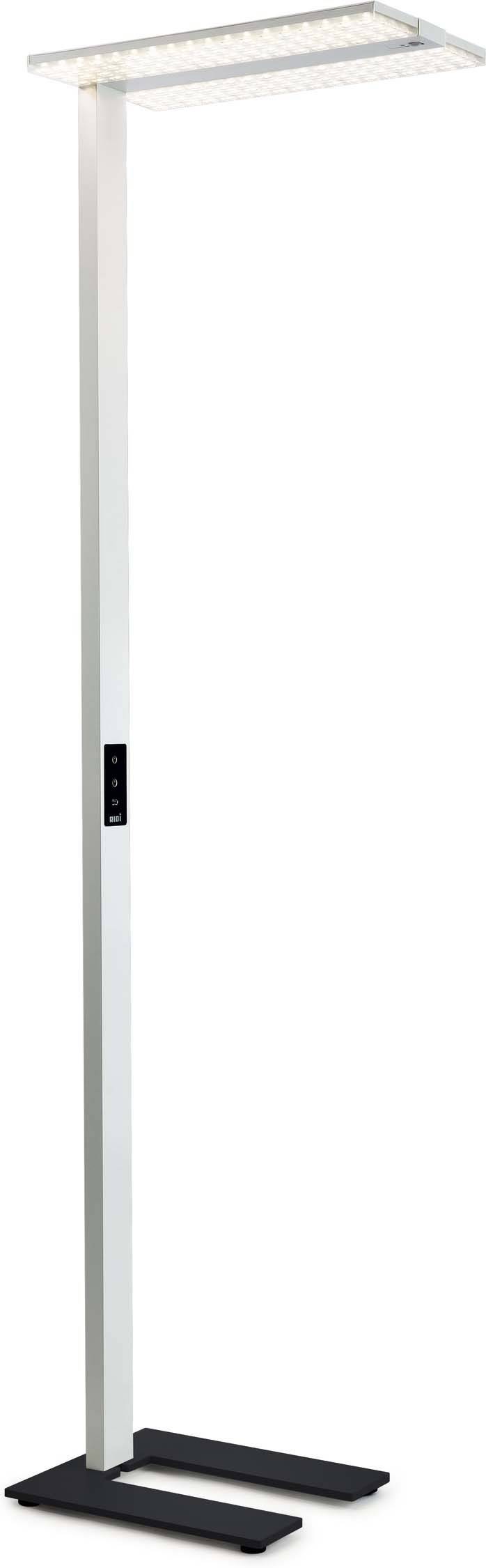 Stehleuchte mit rechteckigem Kopf, weißen Gestell und schwarzem rechteckigem Fuß. Beleuchtungsknöpfe an der Seite. Modernes Design.