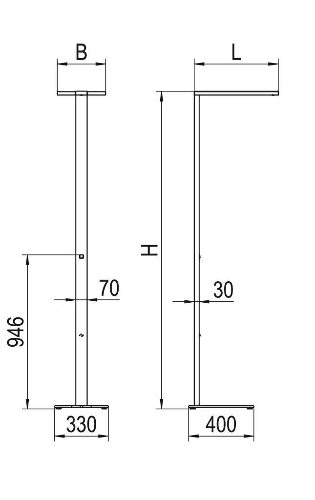 Technische Zeichnung eines Standgeräts mit spezifischen Maßen: Breite 330 mm, Höhe 946 mm, Länge 400 mm.
