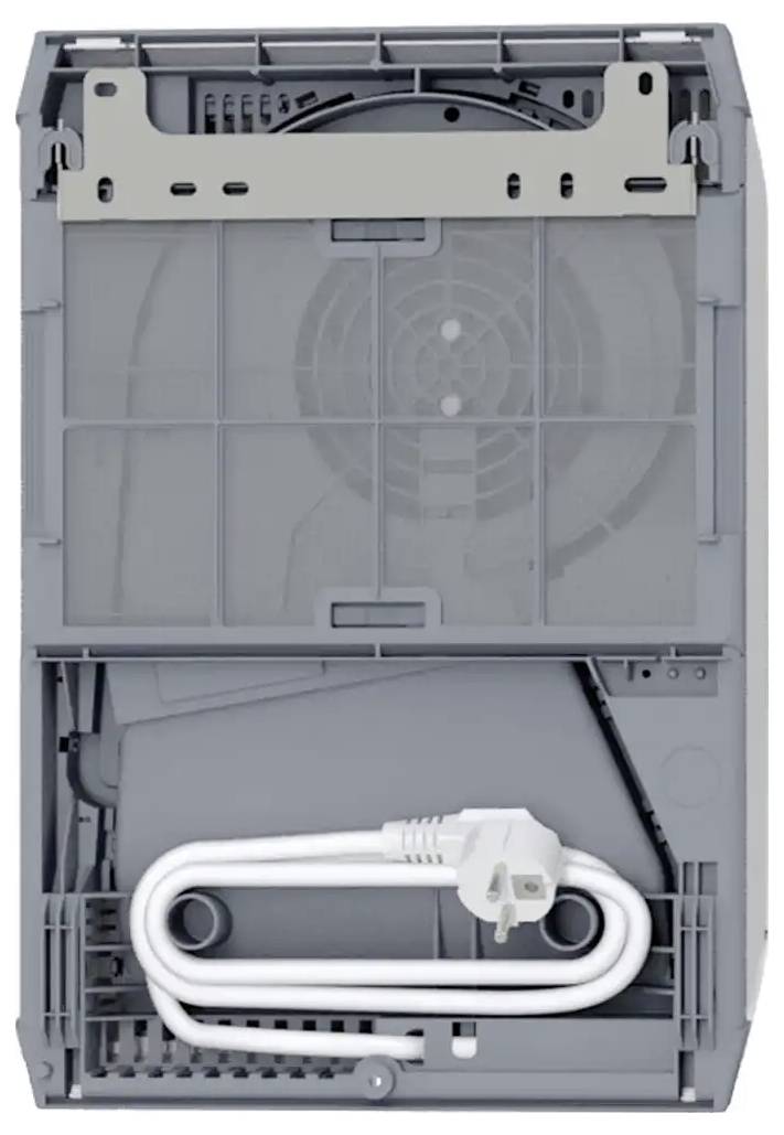 Rückansicht eines zerlegten grauen Geräts mit sichtbaren inneren Strukturen, einer aufgerollten weißen Stromschnur und einem Stecker unten.