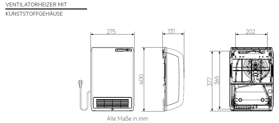 Diagramm des Ventilatorheizers mit Kunststoffgehäuse: zeigt die Front-, Seiten- und Rückansicht mit den Abmessungen in Millimetern.