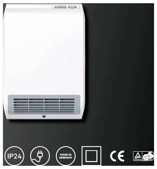 Weißes elektrisches Heizgerät an einer dunklen Wand. Unten Symbole: 'IP24', 'Made in Germany', CE- und GS-Zeichen.
