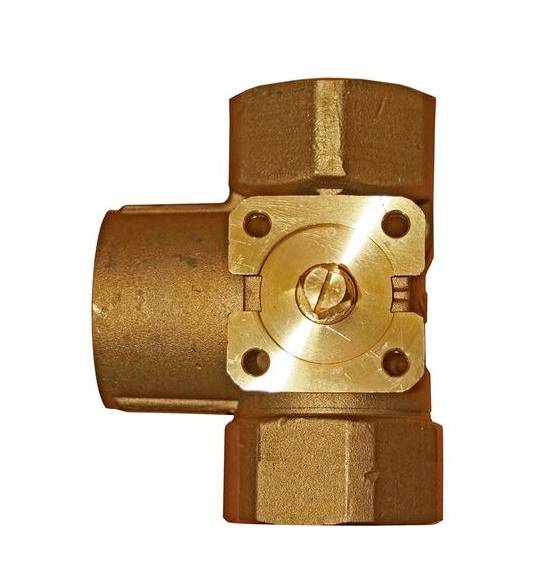 Ein bronzefarbener, kreuzförmiger Metallverbinder mit vier Öffnungen, oft für Sanitär- oder Heizungsanwendungen verwendet.