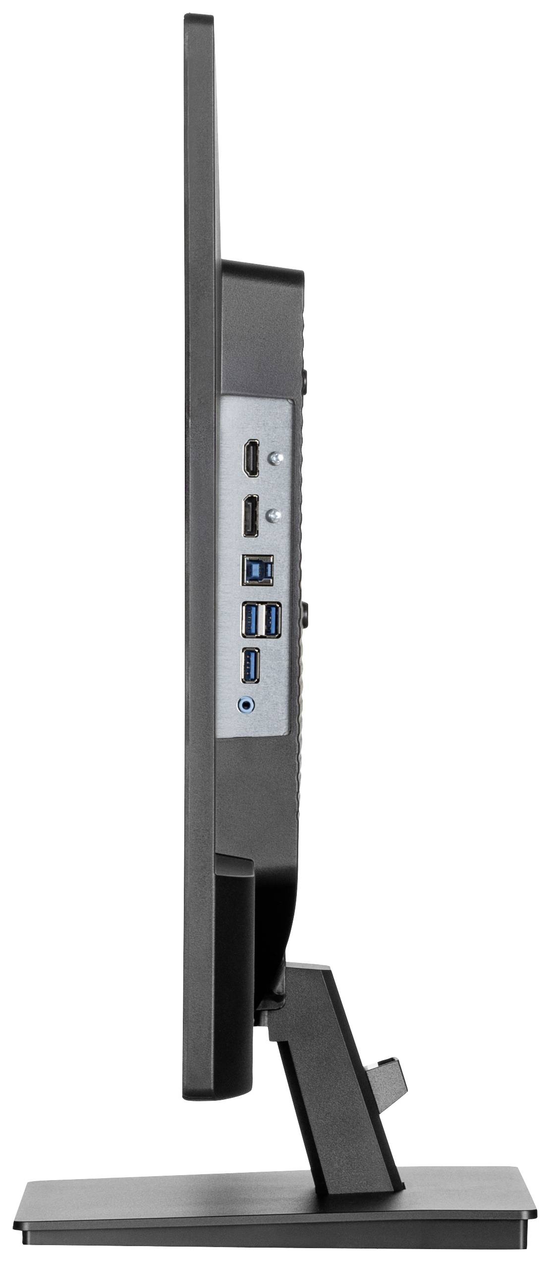 Seitenansicht eines Computerbildschirms mit mehreren Anschlüssen, einschließlich HDMI- und USB-Anschlüsse, auf dem Standfuß montiert.