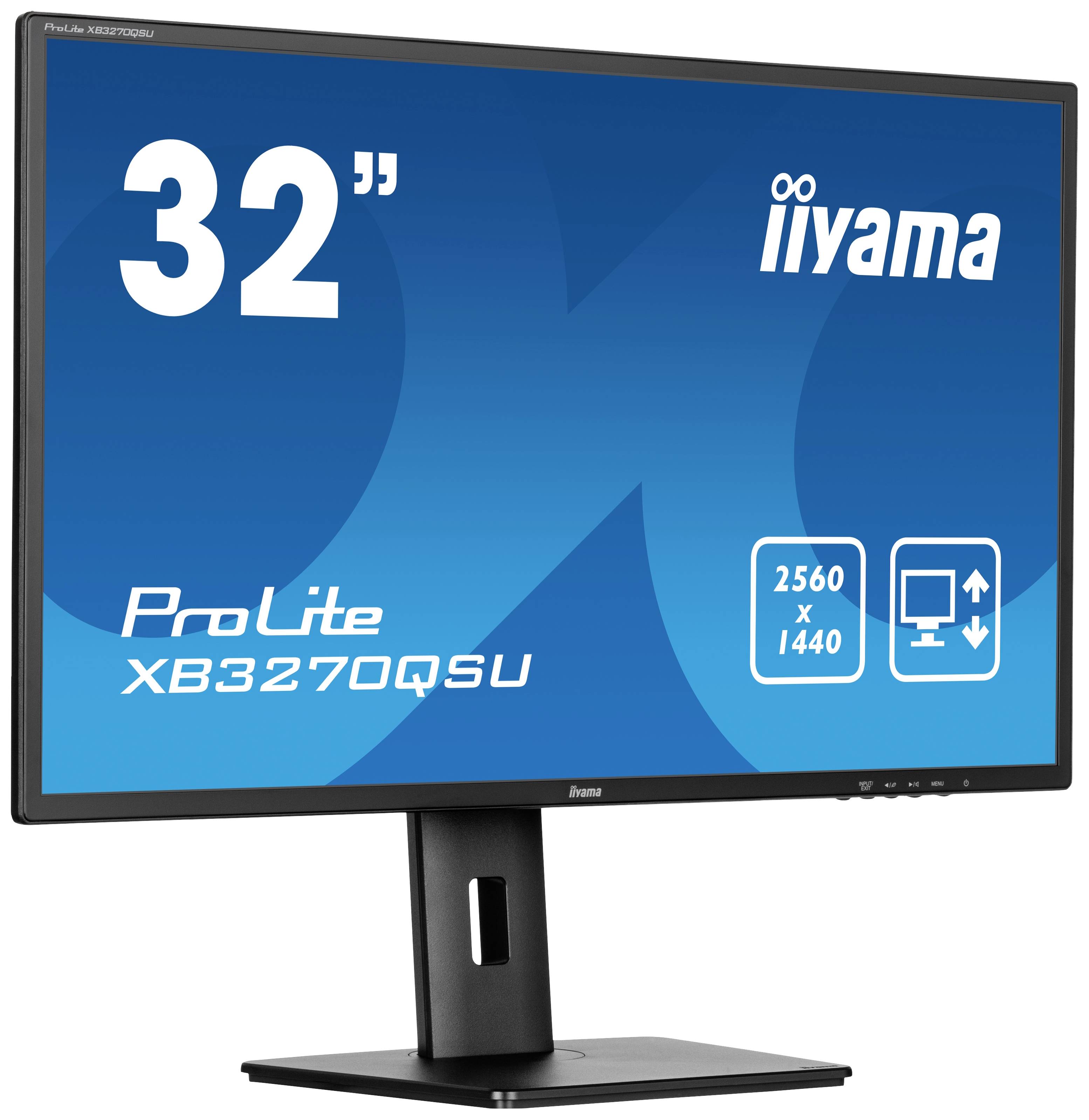 Monitor 'iiyama ProLite XB3270QS' mit 32 Zoll, Auflösung von 2560 x 1440 Pixeln, auf einem schwarzen Standfuß.