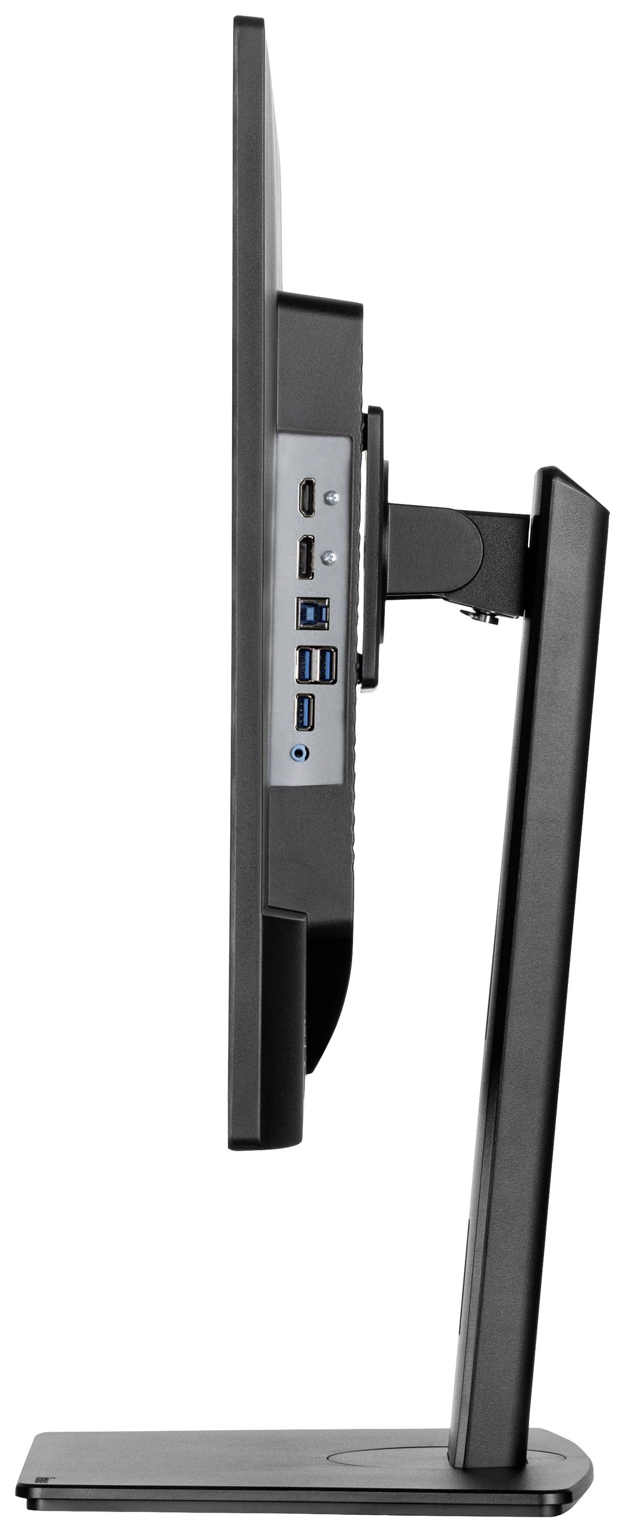 Seitenansicht eines schwarzen Monitors auf einem Standfuß. Die Anschlussbuchsen sind sichtbar, darunter HDMI, USB und ein Netzanschluss.