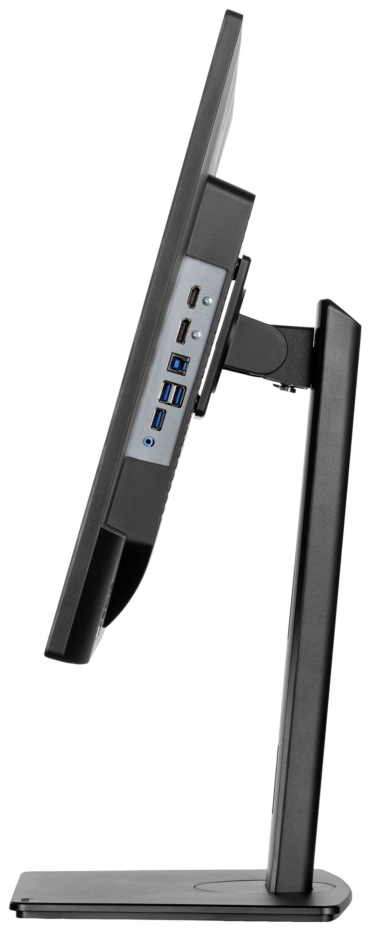 Seitlich dargestellter Monitor mit mehreren USB- und HDMI-Anschlüssen an der Rückseite.
