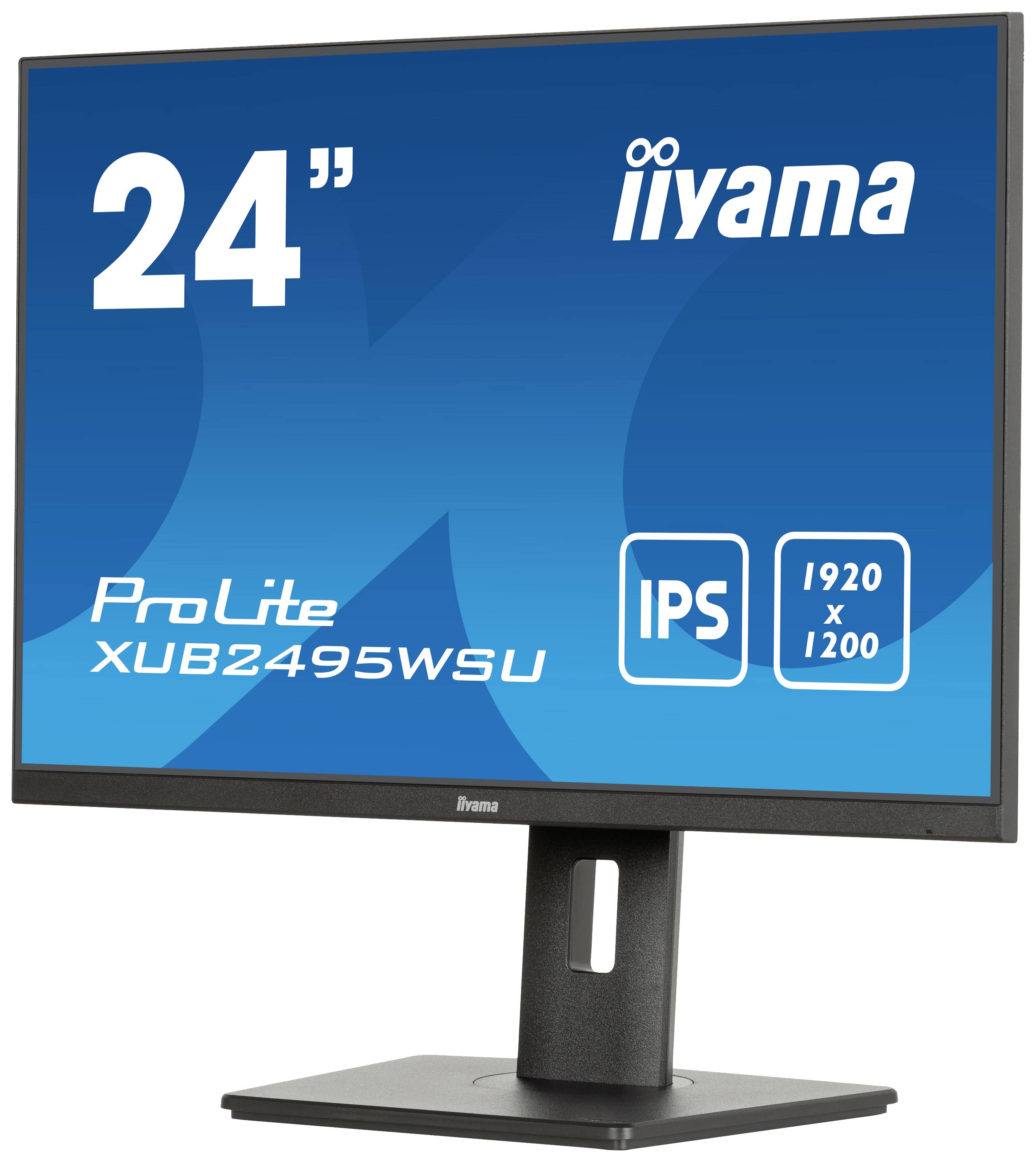 Ein 24-Zoll-Monitor von Iiyama mit IPS-Technologie, Modell ProLite XUB2495WSU, Auflösung 1920 x 1200, schwarzes Design.