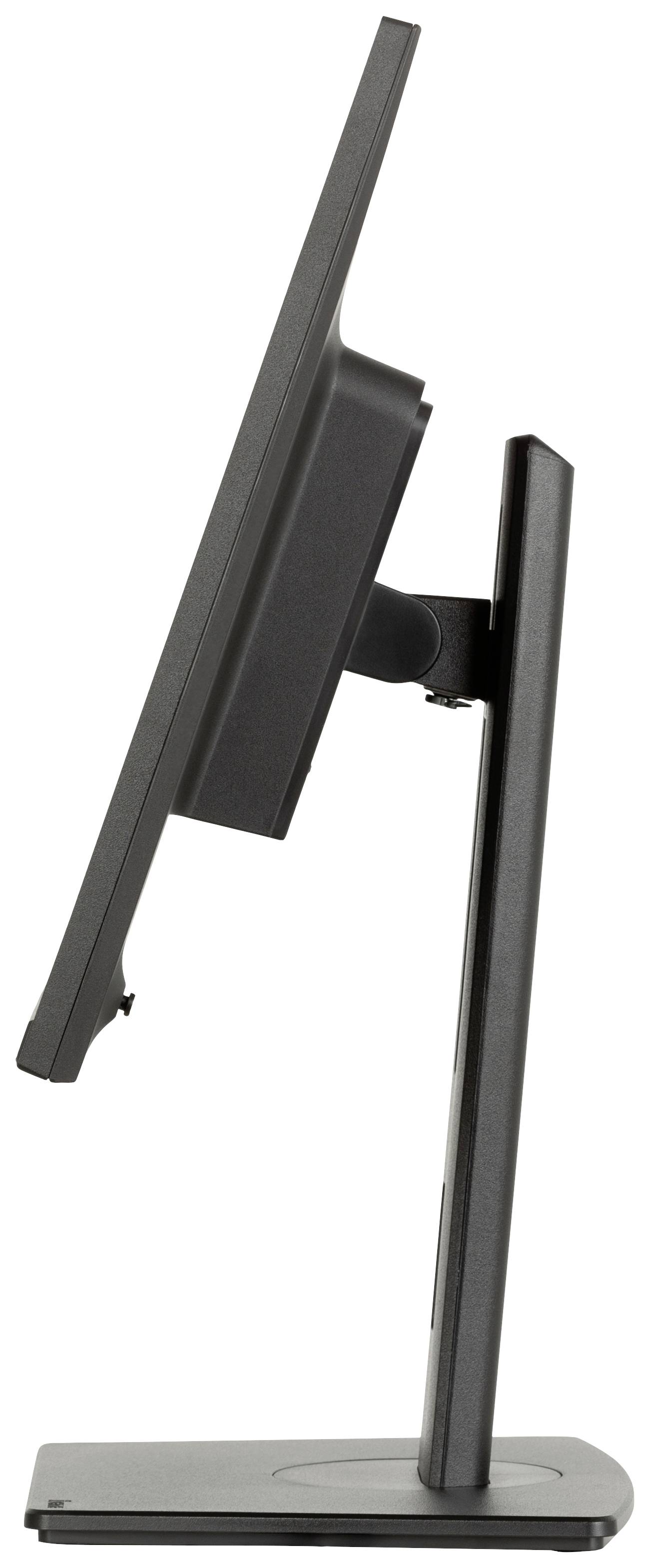 Seitenansicht eines flachen Computermonitors auf einem schwenkbaren Ständer, zeigt schlankes und minimalistisches Design.