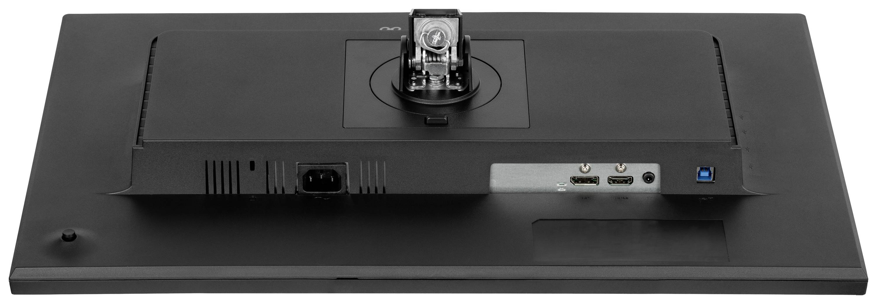 Rückansicht eines Computerbildschirms mit Anschlüssen und Montagemechanismus. Zu sehen sind zwei HDMI-Anschlüsse und ein Netzteilanschluss.