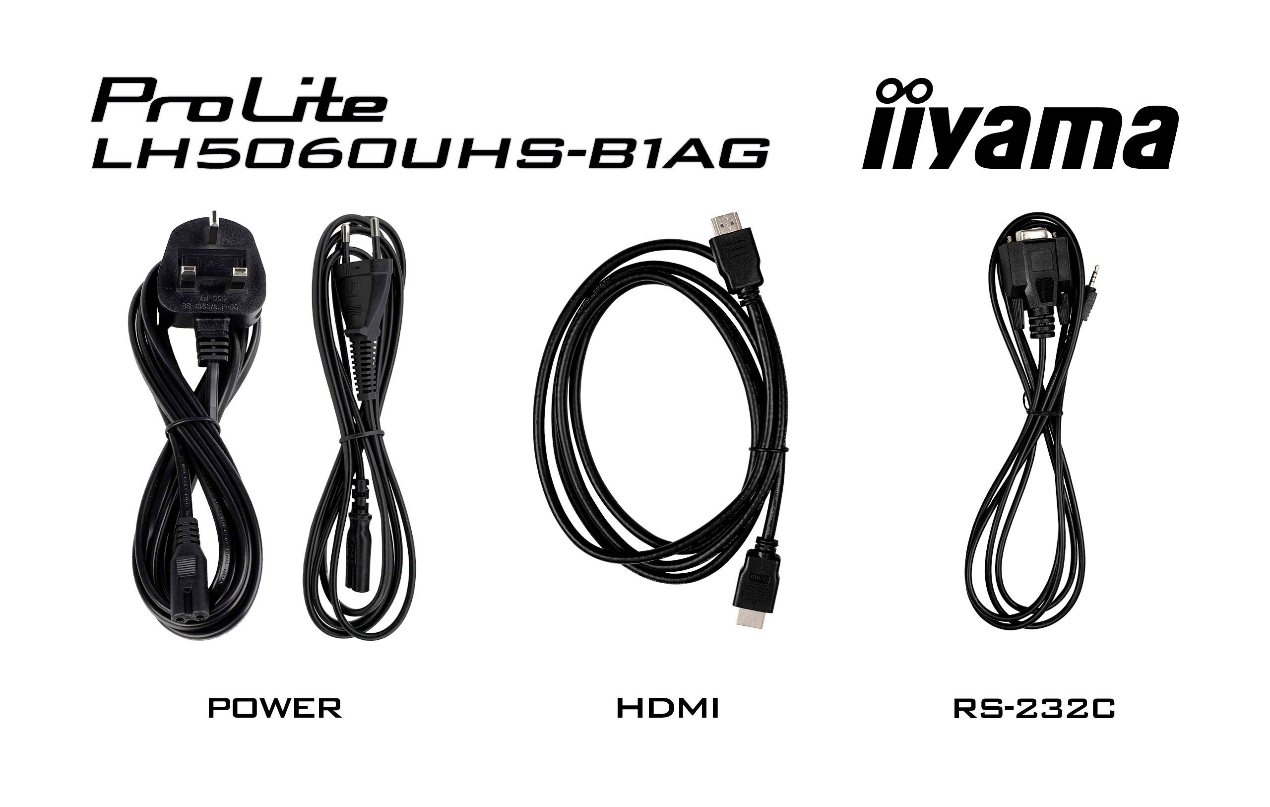 Drei Kabel nebeneinander: links ein Stromkabel ('Power'), in der Mitte ein HDMI-Kabel, rechts ein RS-232C-Kabel. Oben links 'ProLite LH5060UHS-B1AG', oben rechts 'iiyama'.