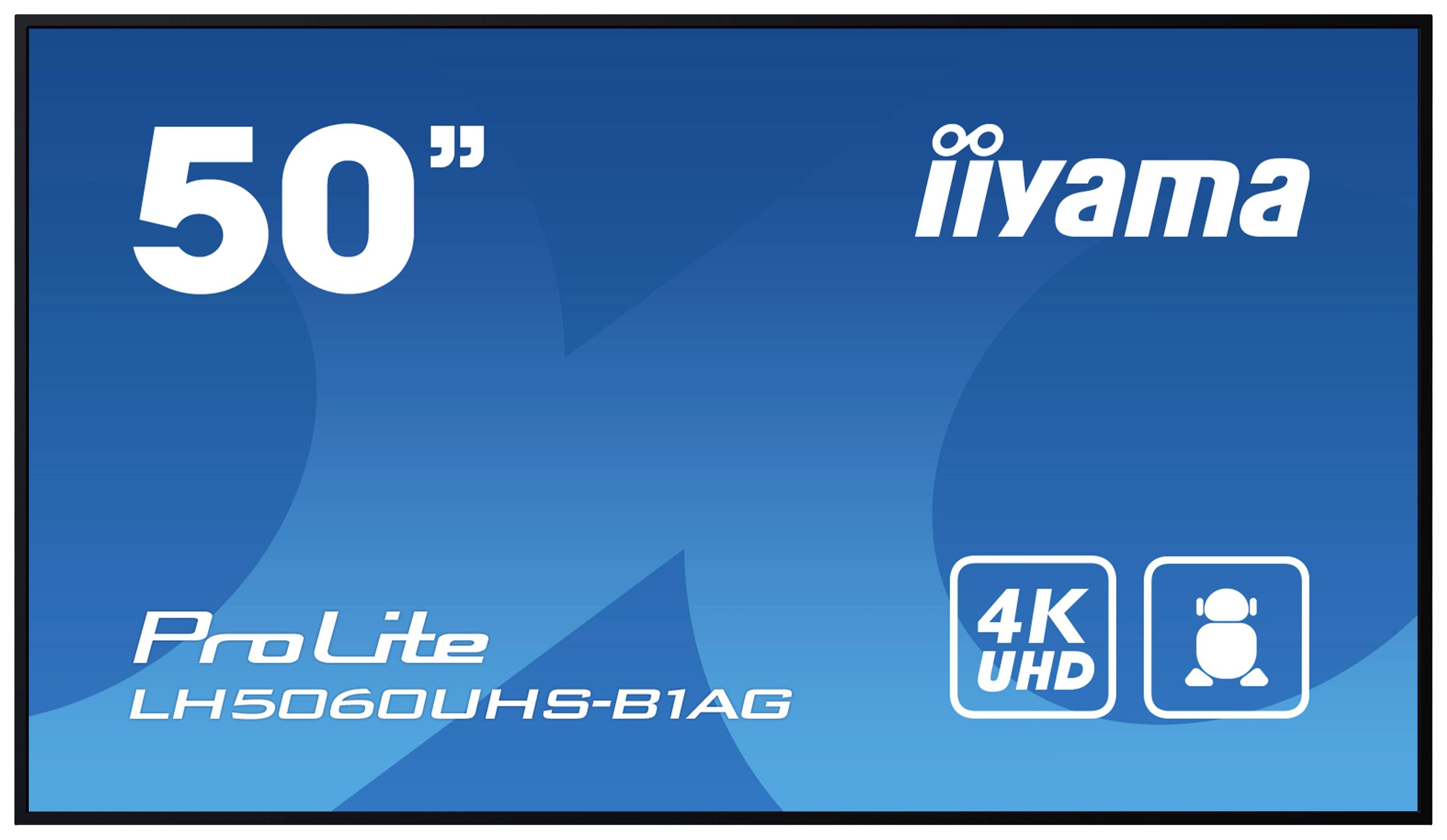 Ein 50-Zoll Bildschirm mit der Aufschrift 'ProLite LH5060UHS-B1AG', 4K UHD-Logo, auf blauem Hintergrund.