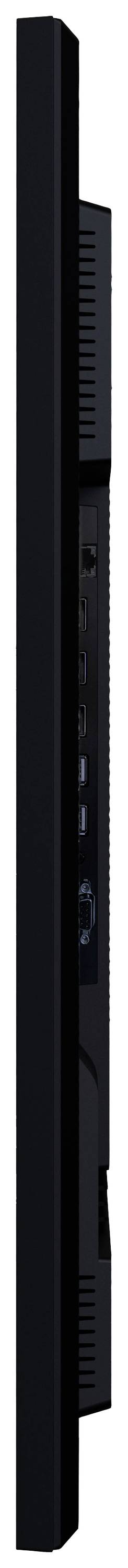 Seitenansicht eines flachen, schwarzen Monitors mit sichtbaren Anschlüssen an der Rückseite.