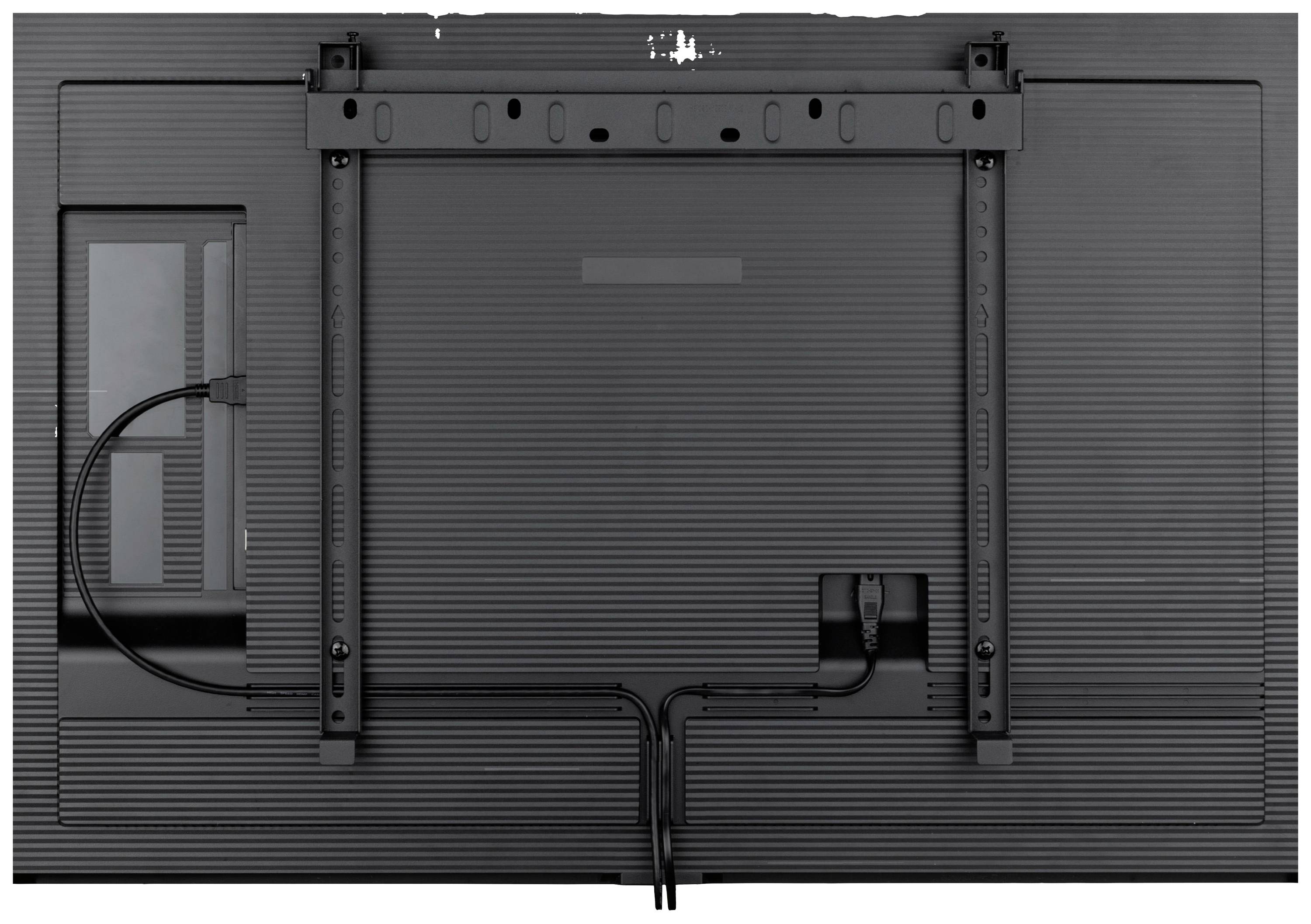Rückansicht eines Fernsehers mit Halterung und Kabelanschlüssen. Kabel verlaufen von der Mitte nach unten.
