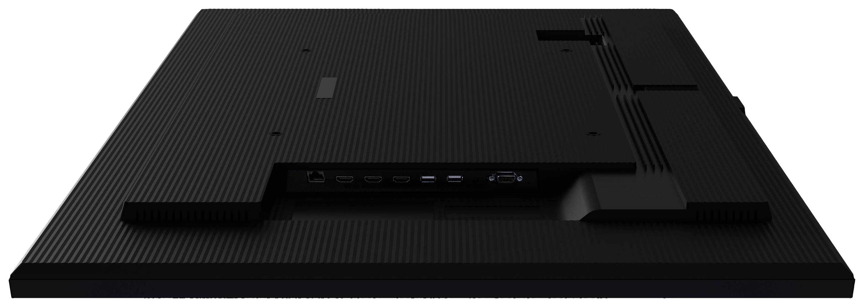 Rückansicht eines schwarzen Monitors, flach auf einer Oberfläche liegend. Sichtbare Anschlüsse: HDMI, USB und Stromanschluss.