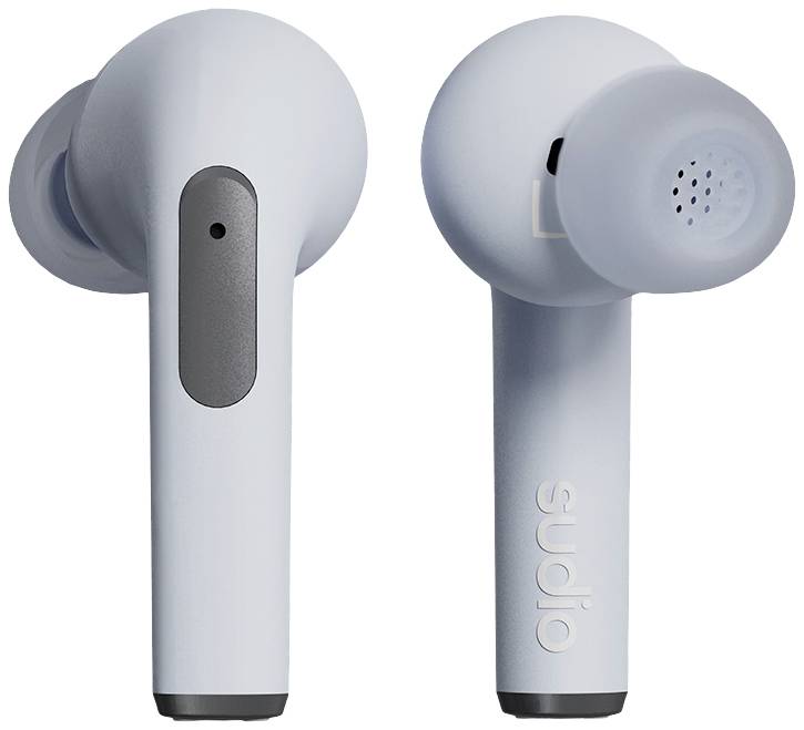 Kabellose, hellgraue In-Ear-Kopfhörer mit minimalistischen Design. Linker Hörer zeigt Taste und Mikrofon; rechter zeigt geprägtes Logo.