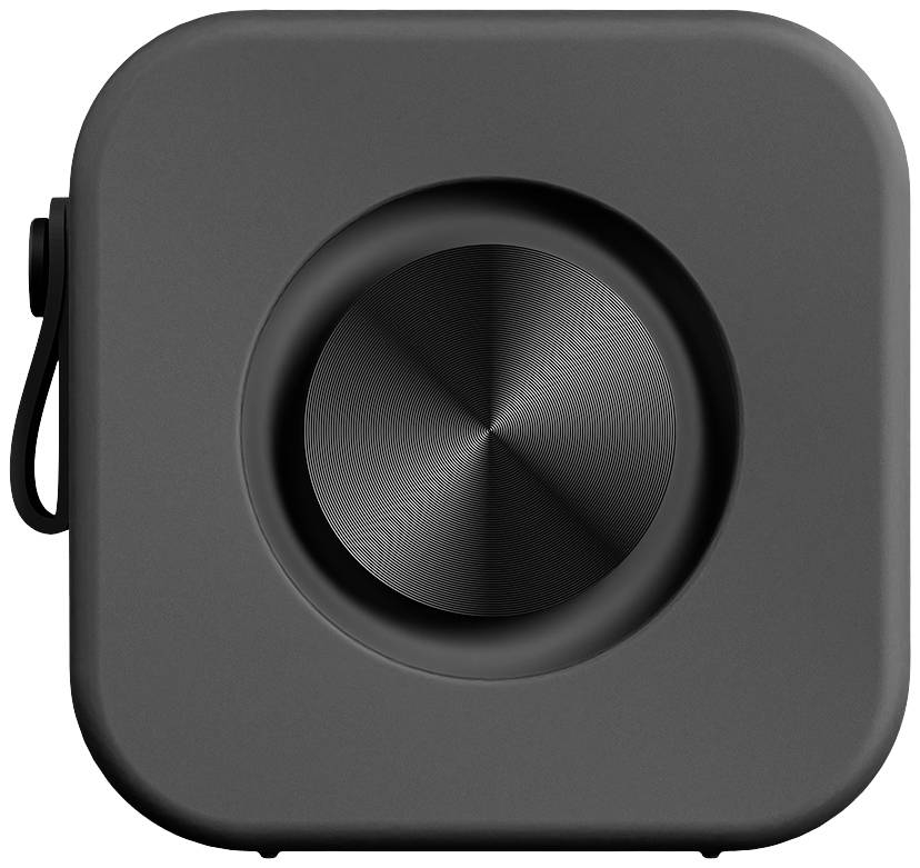 Ein quadratischer, schwarzer Bluetooth-Lautsprecher mit einem runden, texturierten Gitter in der Mitte und einer Schlaufe an der Seite.