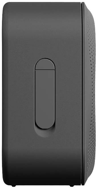 Schwarzer Lautsprecher seitliche Ansicht mit sichtbarem Schalter in der Mitte. Glattes, modernes Design.