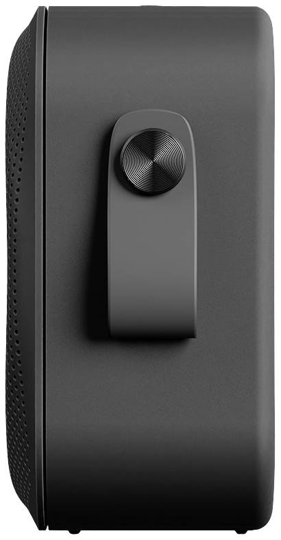 Schwarzer Lautsprecher von der Seite gesehen mit einem drehbaren Lautstärkeregler oben in der Mitte.