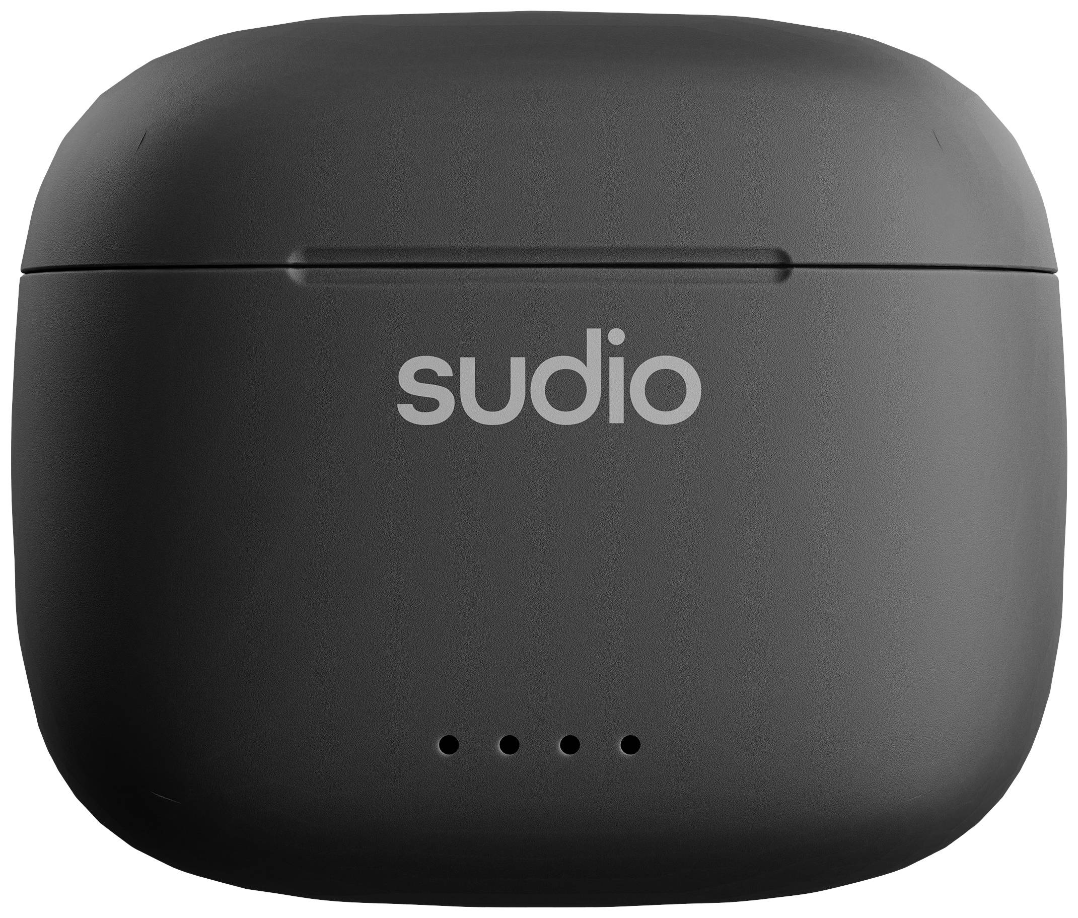 Schwarzes Ladeetui mit dem Schriftzug 'sudio' auf der Vorderseite und vier kleinen LED-Anzeigen darunter.
