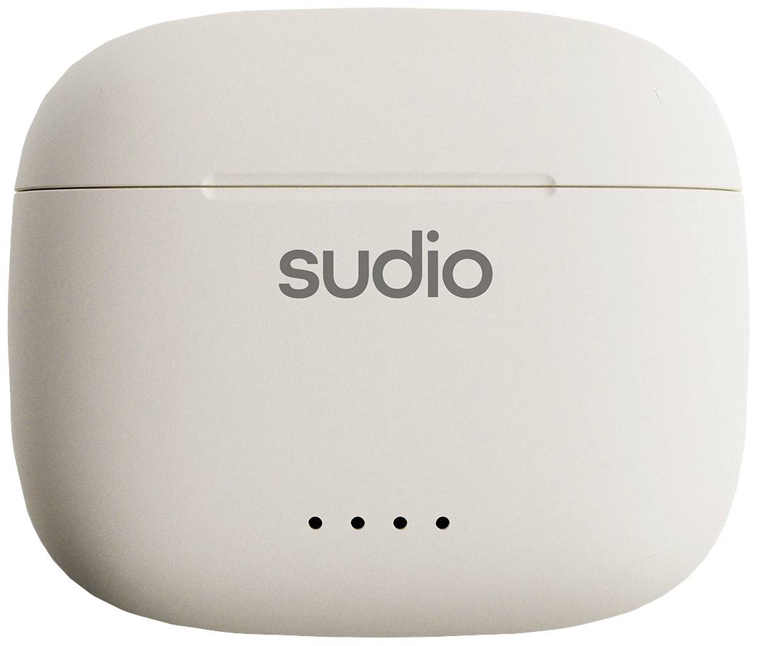 Weiße Sudio-Ohrhörer-Hülle mit vier LED-Anzeigen auf der Vorderseite.