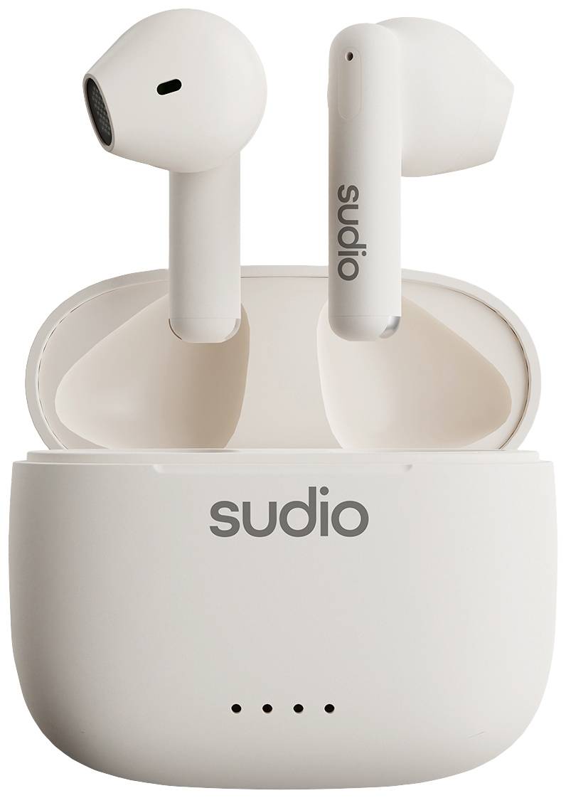 Kabellose weiße Ohrhörer mit Ladeetui. Das Etui zeigt vier kleine LED-Anzeigen und trägt den Namen 'sudio'.