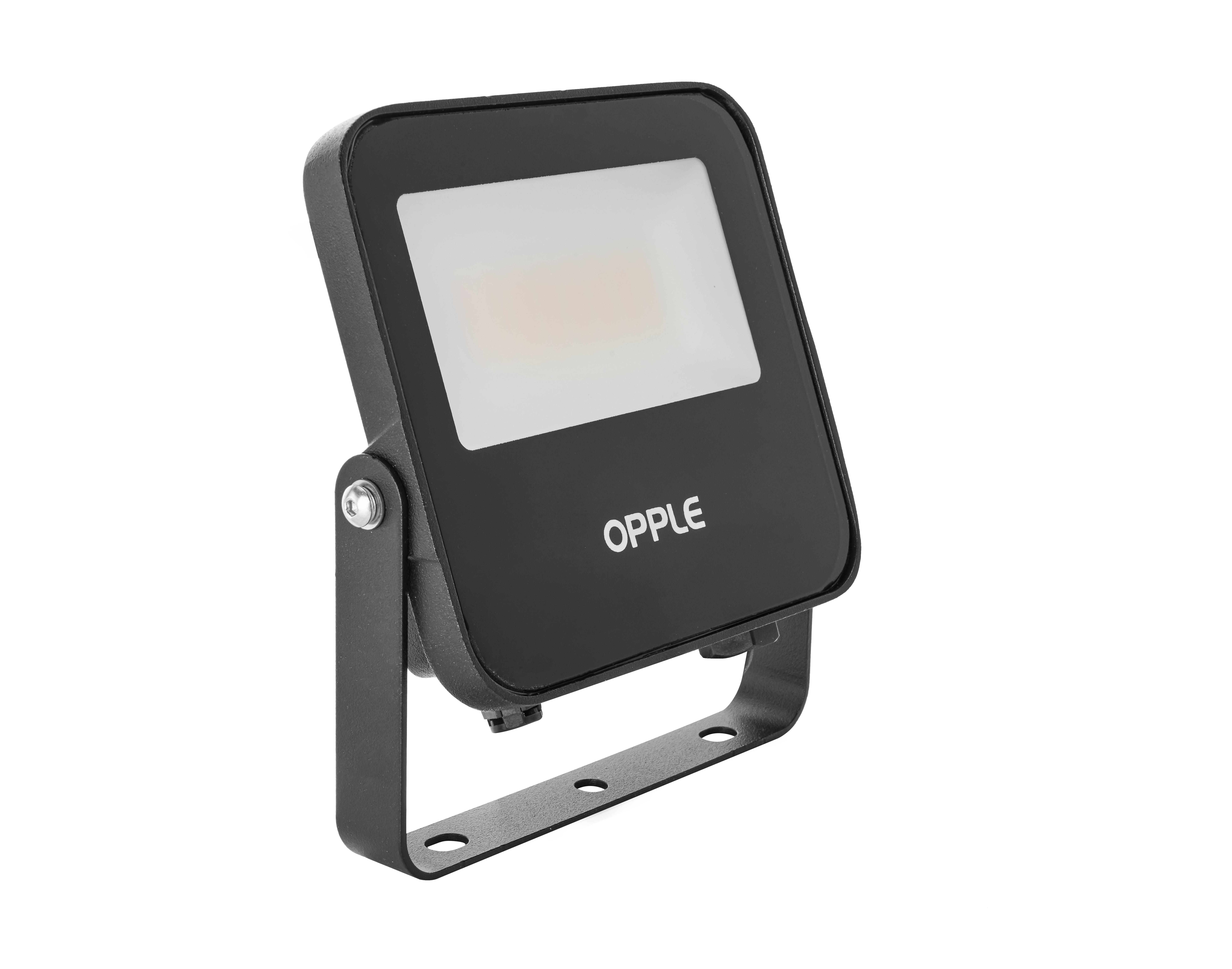 Schwarzer LED-Strahler der Marke 'OPPLE' mit rechteckigem Design und Halterung, geeignet für Außenbeleuchtung.